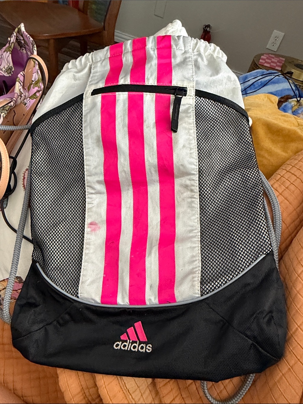 adidas White Drawstring Backpack with Hot Pink Stripes and Black Base